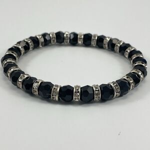 Black Glass Beaded Rhinestone Spacer Stretch Bracelet Boho Fashion Statement